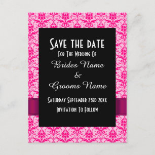 Pink colourful damask save the date announcement postcard