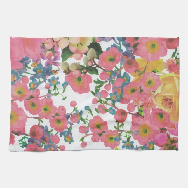 Pink colourful Floral botanical Flowers  Kitchen Towel (Horizontal)