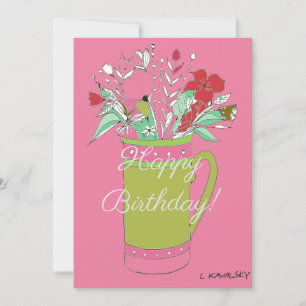 Pink Colourful Happy Birthday Flowers In Mug Holiday Card