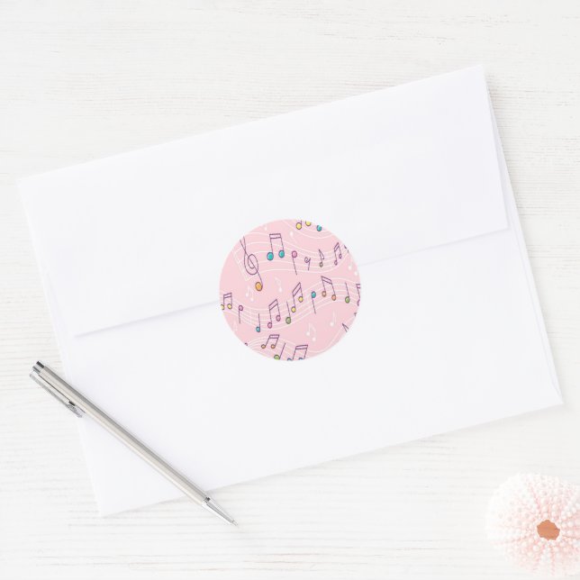 Pink colourful music note pattern musician musical classic round sticker (Envelope)