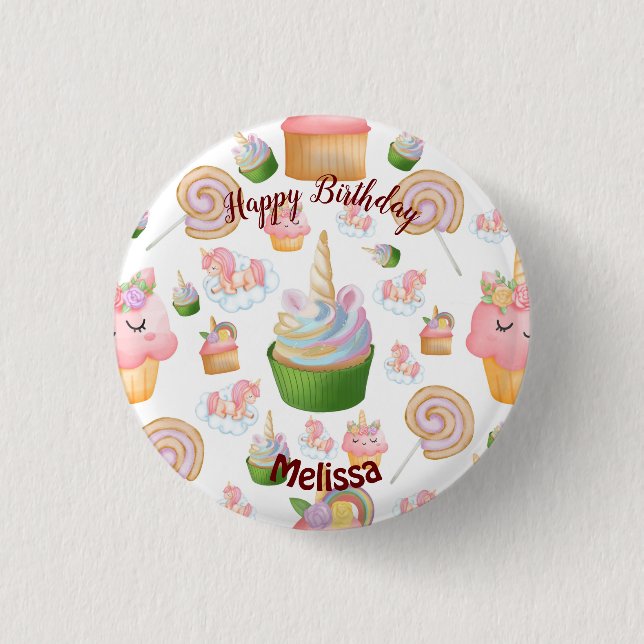 Pink Colourful Name Birthday Cupcake Unicorn 1 Inch Round Button (Front)
