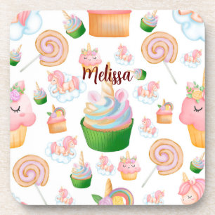 Pink Colourful Name Personalized Cupcake Unicorn Coaster