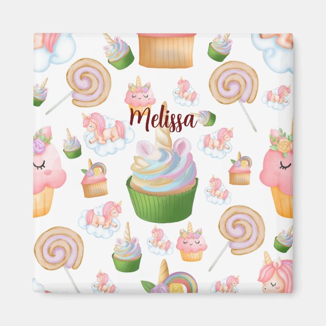 Pink Colourful Name Personalized Cupcake Unicorn Magnet (Front)