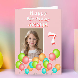 Pink Colourful Party Balloons Kid Birthday Photo Card
