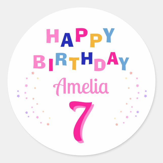  Pink Colourful Stars Girl Happy Birthday  Classic Round Sticker (Front)