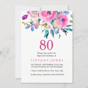 Pink Colourful Tropical Floral 80th Birthday Invit Invitation