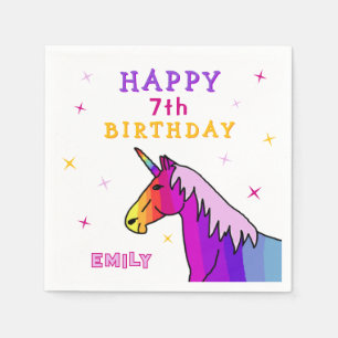 Pink Colourful Unicorn Girl Happy Birthday Party Napkin