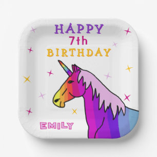 Pink Colourful Unicorn Girl Happy Birthday Party Paper Plate
