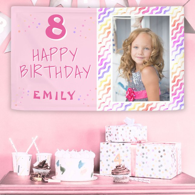 Pink Colourful Wave Girly Happy Photo Birthday Banner (Creator Uploaded)