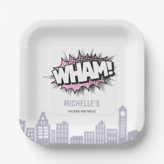 Pink Comics Book Superhero Birthday Paper Plate