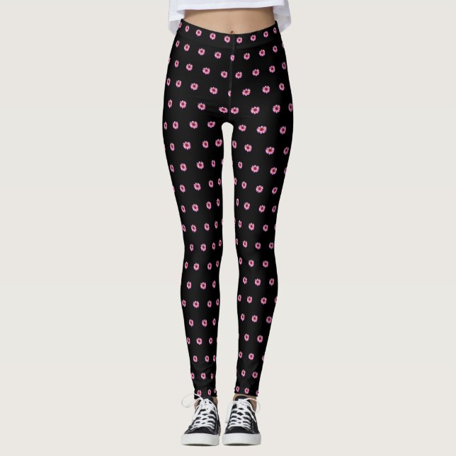 “Pink Cone Flowers” on Black - Leggings (Front)