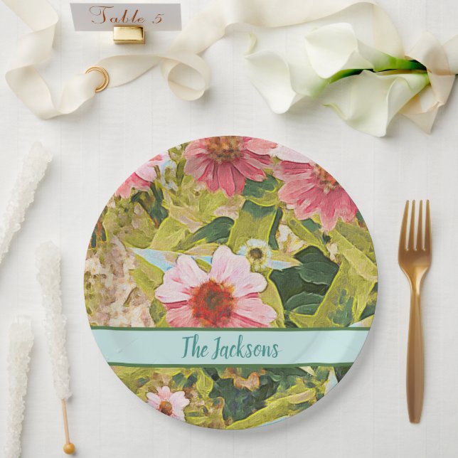 Pink Coneflowers Green Leaves Name Personalized Paper Plate (Wedding)