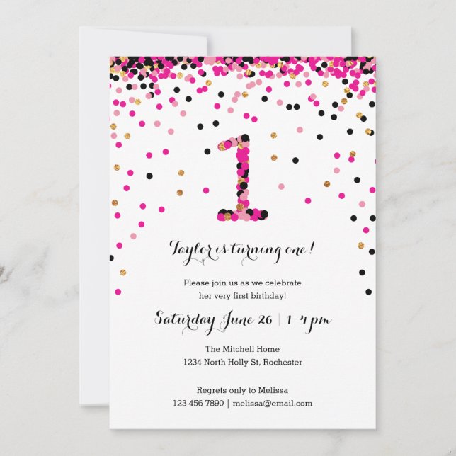 Pink Confetti 1st Birthday Party Invitations Girl (Front)
