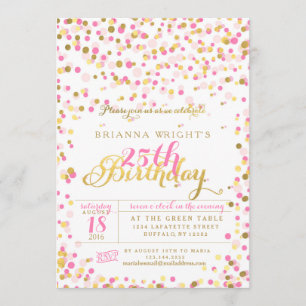 Pink Confetti and Gold Foil Birthday Party Invitation