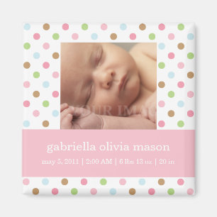 Pink Confetti Dots Birth Announcement Magnet