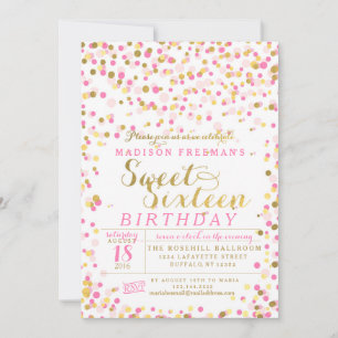 Pink Confetti Gold Foil Sweet 16 Birthday Party Invitation
