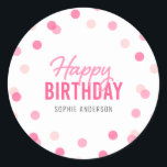 Pink Confetti Happy Birthday Classic Round Sticker<br><div class="desc">Confetti happy birthday sticker featuring confetti in shades of pink that is perfect for any age. Personalize it with your details by replacing the placeholder text. For more options such as to change the font, text size/colour or the spacing between letters click the "Customize" button. *Please note that the Zazzle...</div>