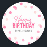 Pink Confetti Happy Birthday Classic Round Sticker<br><div class="desc">Confetti happy birthday sticker featuring confetti in shades of pink that is perfect for any age. Personalize it with your details by replacing the placeholder text. For more options such as to change the font, text size/colour or the spacing between letters click the "Customize" button. *Please note that the Zazzle...</div>