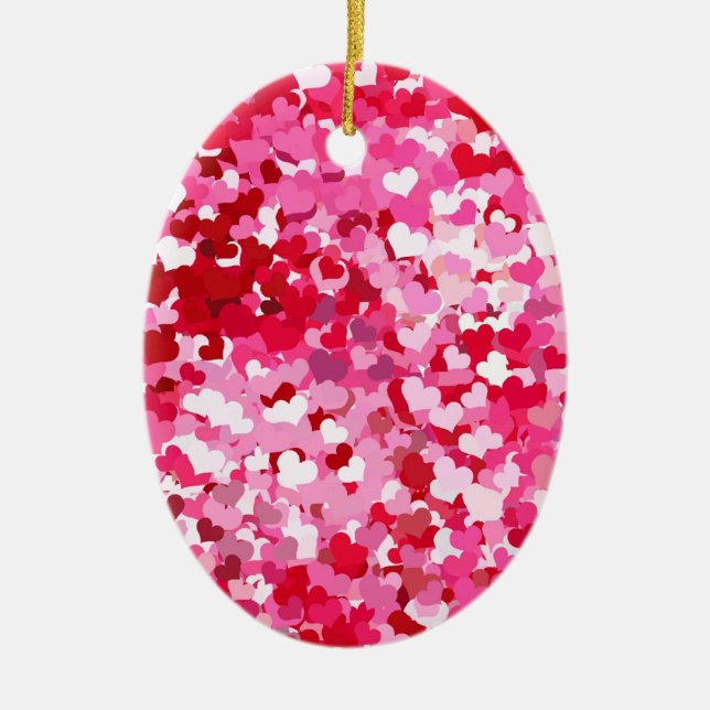 Pink Confetti Hearts Ceramic Ornament (Front)