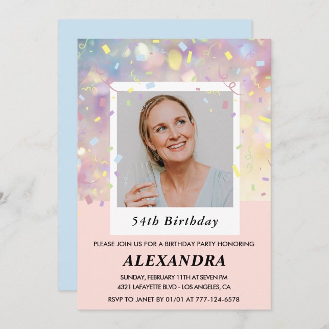 Pink Confetti Photo 54th birthday invitations  (Front/Back)