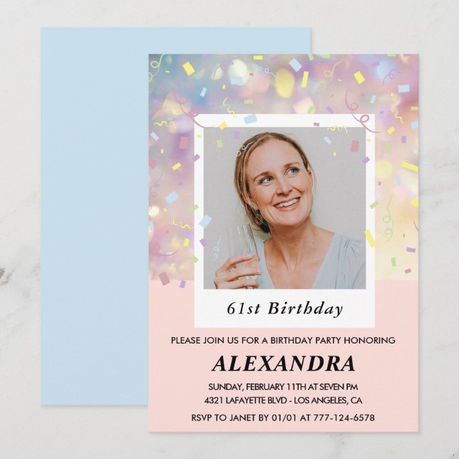 Pink Confetti Photo 61e anniversaire invitations (Devant / Derrière)