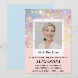 Pink Confetti Photo 89th birthday Invitation