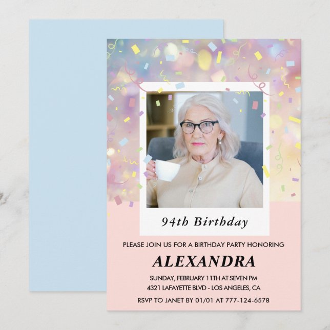 Pink Confetti Photo 94th birthday Invitation (Front/Back)