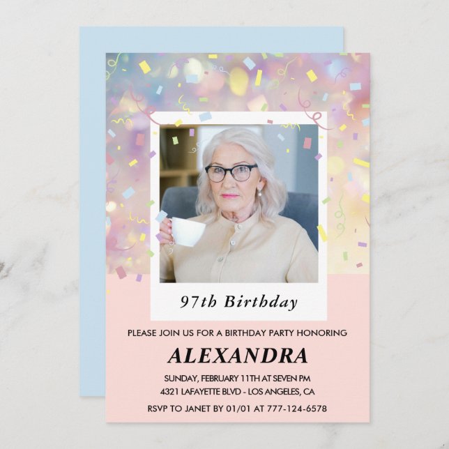 Pink Confetti Photo 97th birthday Invitation (Front/Back)