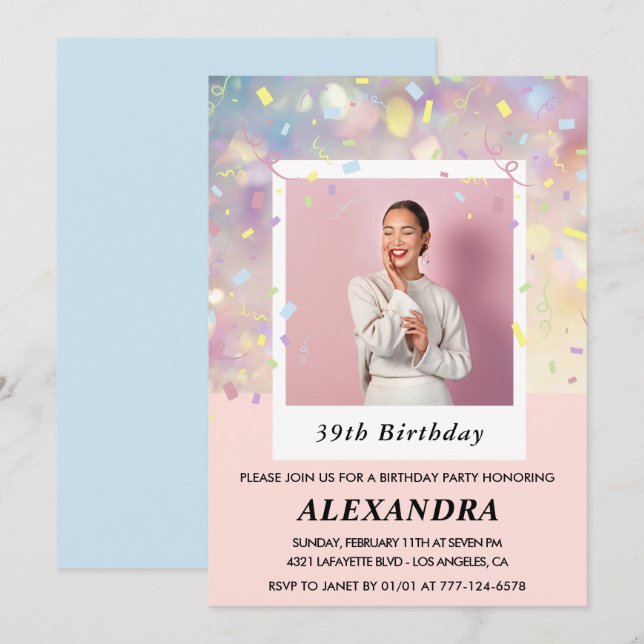 Pink Confetti Photo invitations à 39e anniversaire (Devant / Derrière)