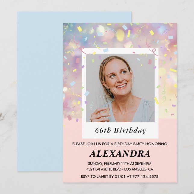 Pink Confetti Photo Invitations de 66e anniversair (Devant / Derrière)