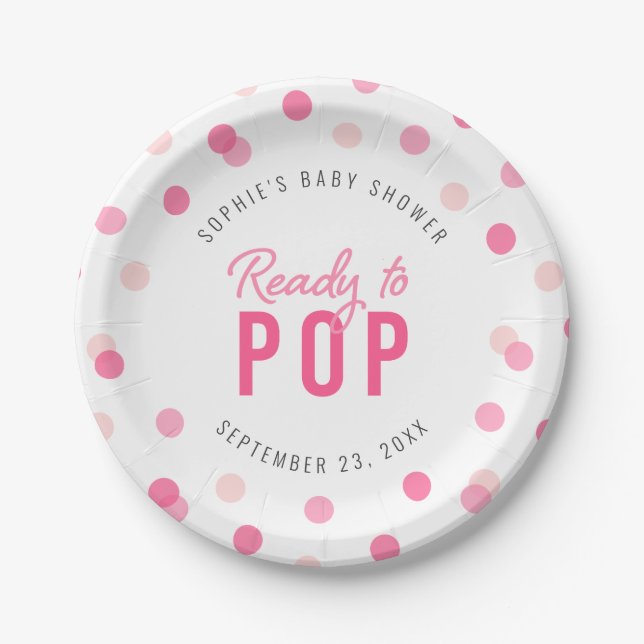 Pink Confetti Ready to Pop Baby Shower Paper Plate (Front)