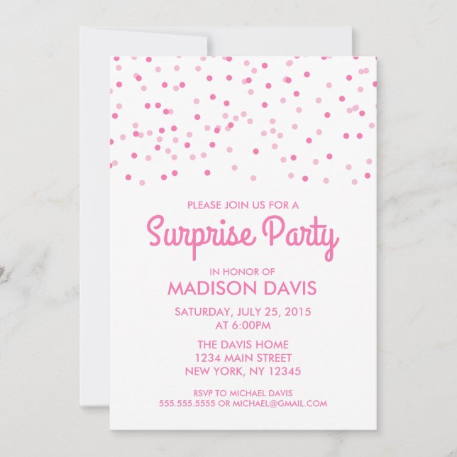 Pink Confetti Surprise Birthday Party Invitation (Front)