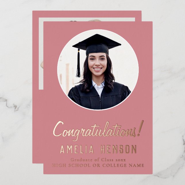 Pink Congratulations Graduate 2 Photo Graduation Foil Holiday Card (Front/Back)