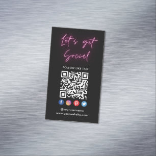 Pink Connect With Us Social Media Qr Code Black Magnetic Business Card