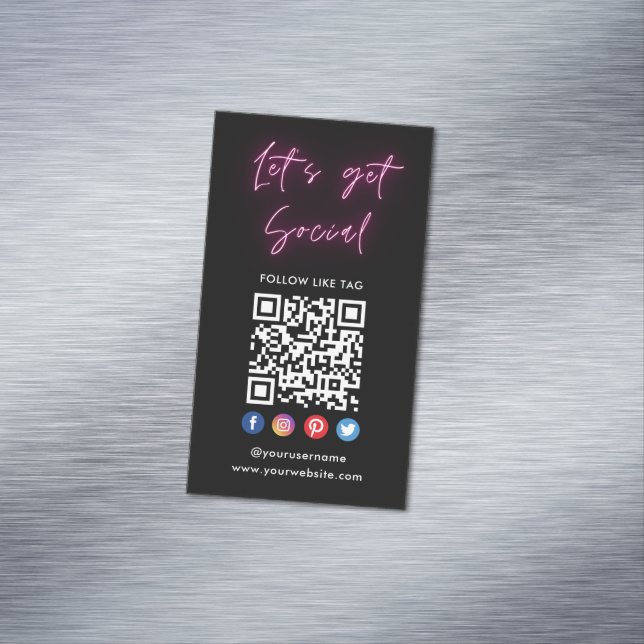 Pink Connect With Us Social Media Qr Code Black Magnetic Business Card (In Situ)