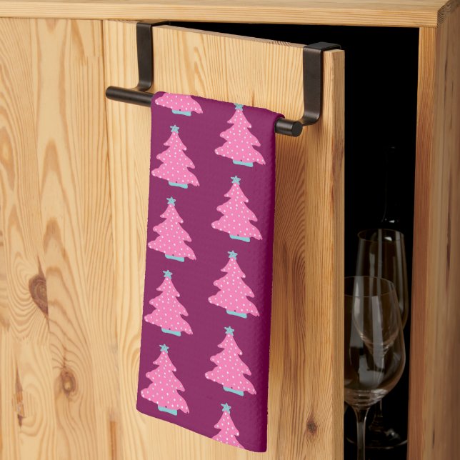 Pink Contemporary Christmas Trees Kitchen Towel (Thirds Fold)