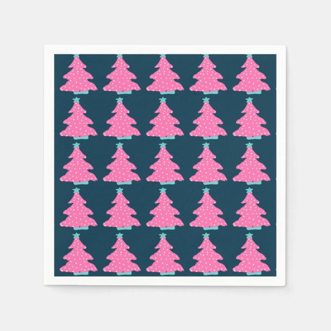 Pink Contemporary Christmas Trees on Navy Blue  Napkin (Front)