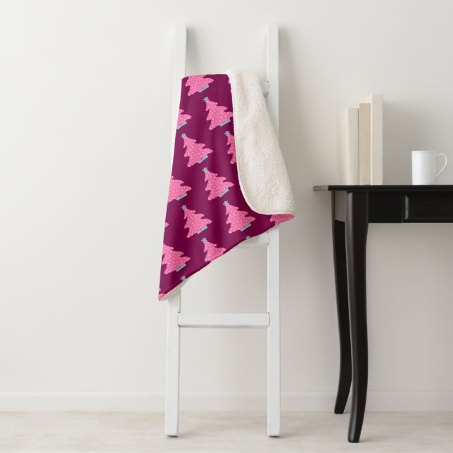 Pink Contemporary Christmas Trees Sherpa Blanket (In Situ)