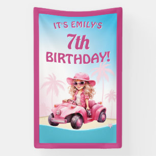 Pink Convertible Beach Birthday Banner