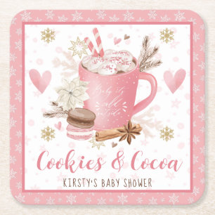 Pink Cookies and Cocoa Baby Shower Square Paper Coaster