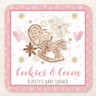 Pink Cookies and Cocoa Baby Shower Square Paper Coaster