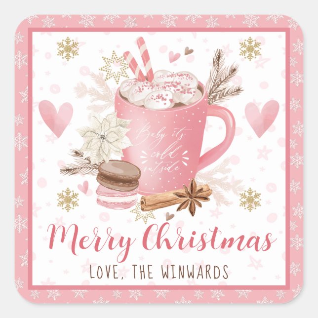 Pink Cookies & Cocoa Merry Christmas Square Sticker (Front)