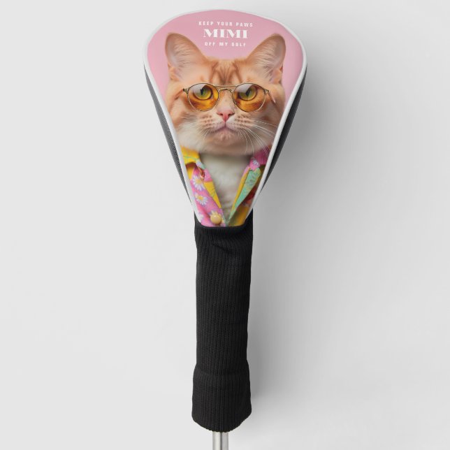 Pink Cool Cat Illustration Glasses Pet Paws Golf Head Cover (Front)