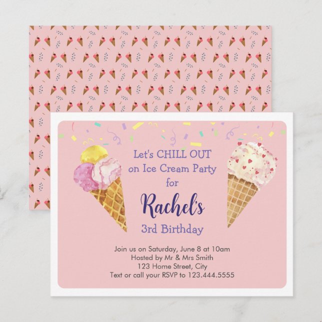 Pink Cool Ice Cream Kids Birthday Party Invitation Postcard (Front/Back)