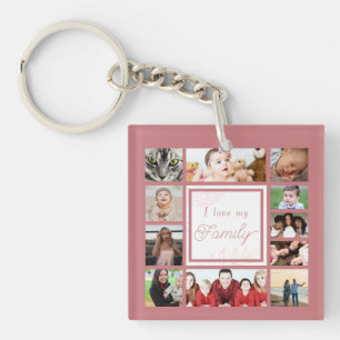 Pink Cool & Trendy I Love My Family Photo Collage Keychain