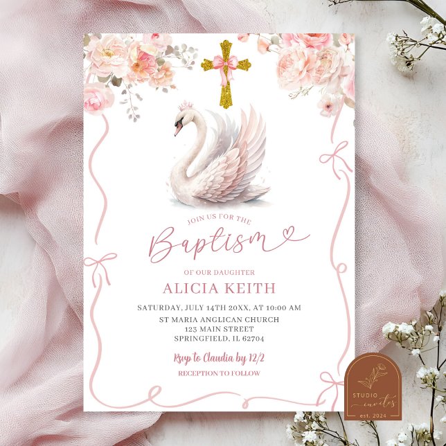 Pink Coquette Baptism Girl Crowned Swan Invitation (Creator Uploaded)