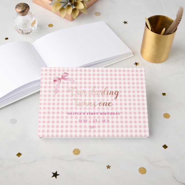 Pink Coquette Bow 1st Birthday Girl  Guest Book (Front Open)