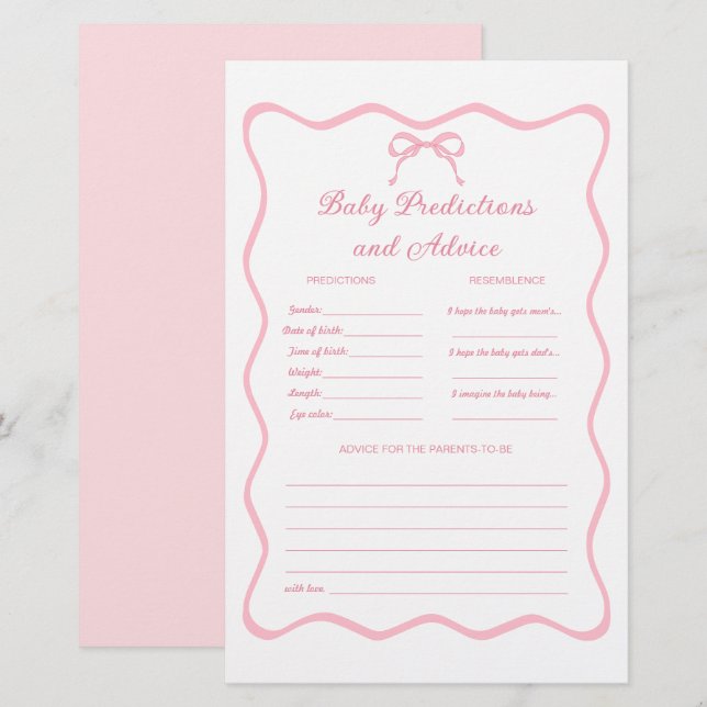 Pink Coquette Bow Baby Shower Predictions Game (Front/Back)