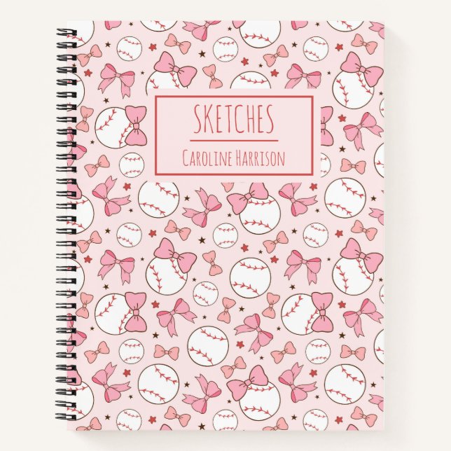 Pink Coquette Bow Baseball Personalized Sketchbook Notebook (Front)