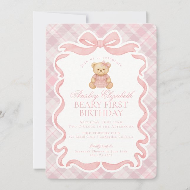 Pink Coquette Bow Bear Beary First Birthday Invitation (Front)